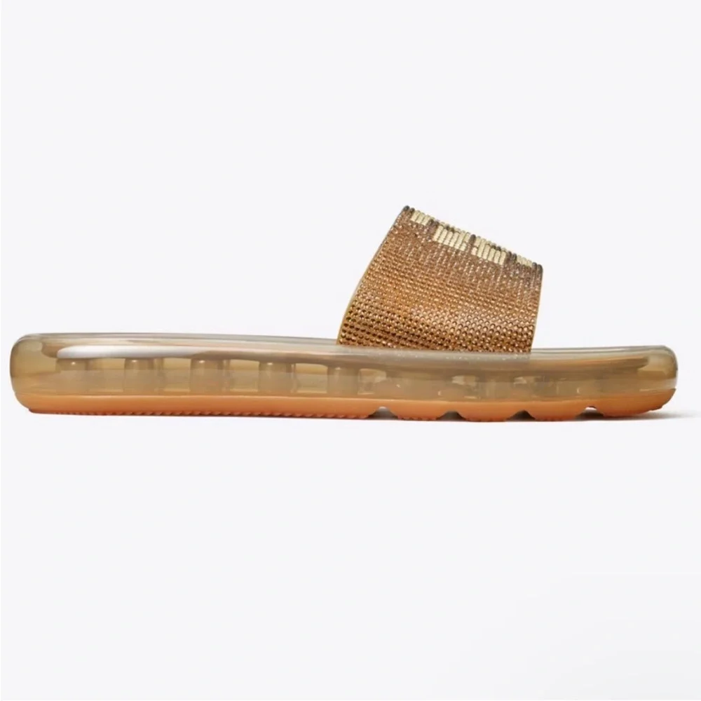 Tory Burch Brown and Gold Logo Slide Sandals